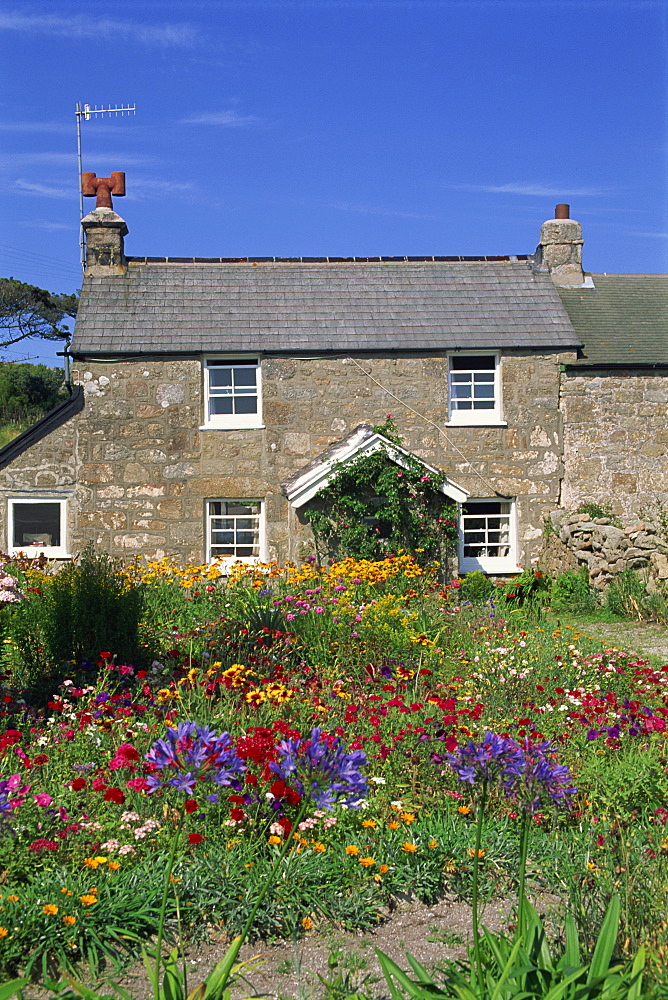 Stone cottage and colourful garden at New Grimsby on Tresco in the Scilly Isles, England, United Kingdom, Europe