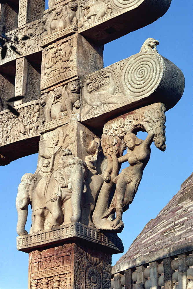 Detail of East Gateway of the Great Stupa, Sanchi, UNESCO World Heritage Site, near Bhopal, Madhya Pradesh state, India, Asia