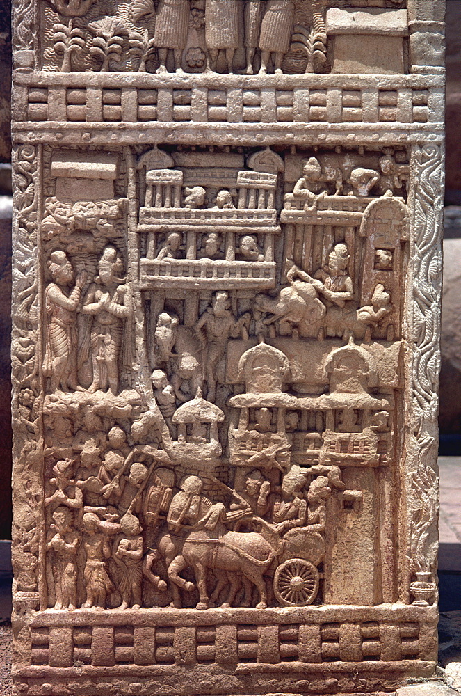 Detail of North Gate of the Great Stupa, Sanchi, UNESCO World Heritage Site, near Bhopal, Madhya Pradesh state, India, Asia