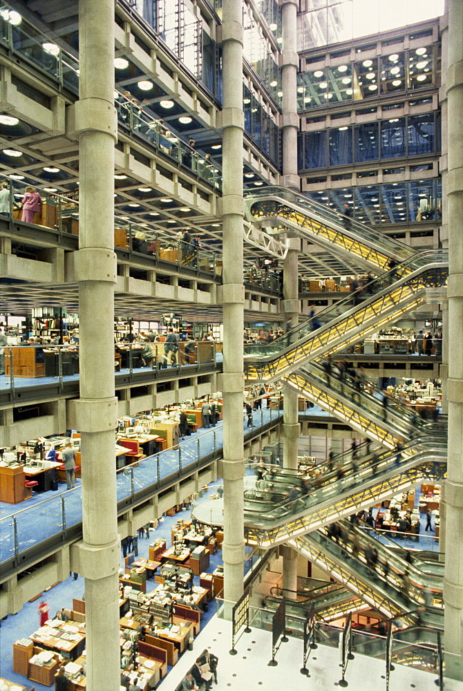 Large atrium in the Lloyd's Building, designed by Richard Rogers, City of London, London, England, United Kingdom, Europe