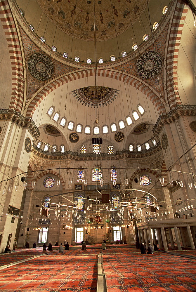 Interior of the Suleymaniye mosque, built 1550-1557 by Sinan (Suleiman the Magnificent), Istanbul, Turkey, Europe