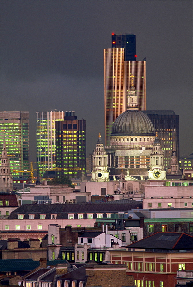 City skyline illuminated at night, including St. Paul's Cathedral and the NatWest Tower, London, England, United Kingdom, Europe