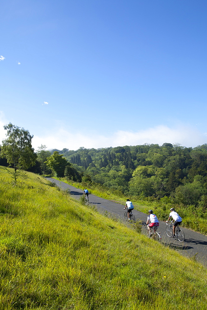 Cyclists on The Zig Zag, Box Hill, site of 2012 Olympics cycling road race, Surrey Hills, North Downs, Surrey, England, United Kingdom, Europe