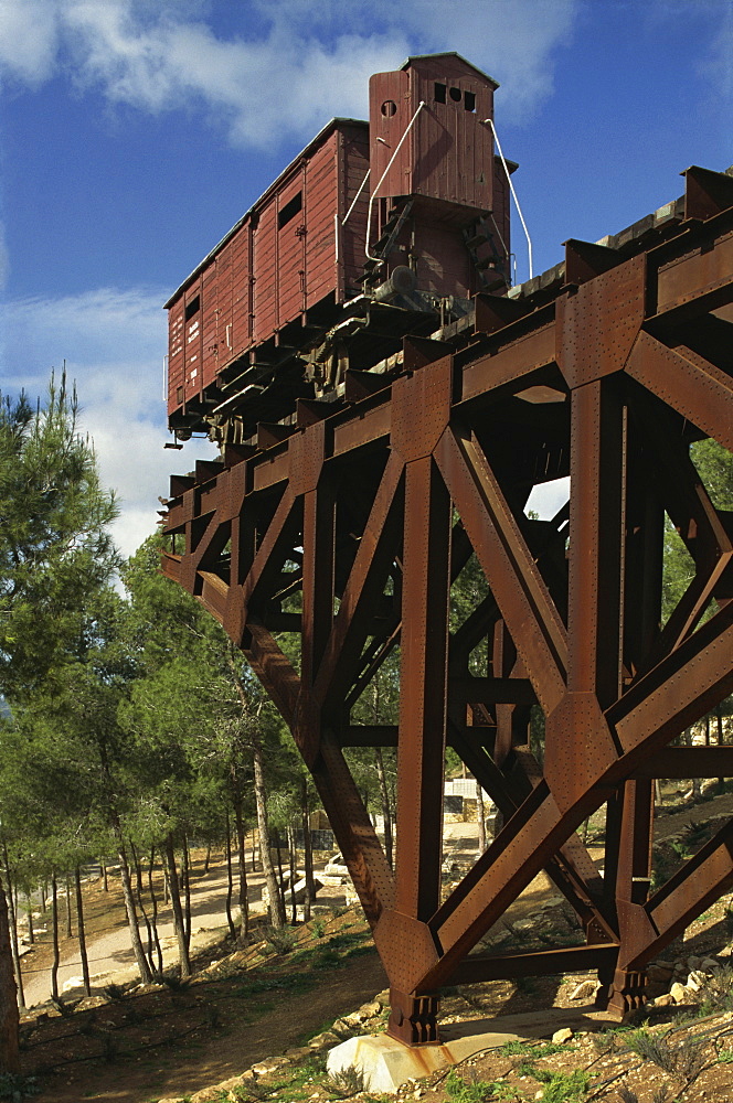 A railway wagon from Auschwitz on part of an iron bridge at the Memorial of the Holocaust, Yad Vashem, in Jerusalem, Israel, Middle East