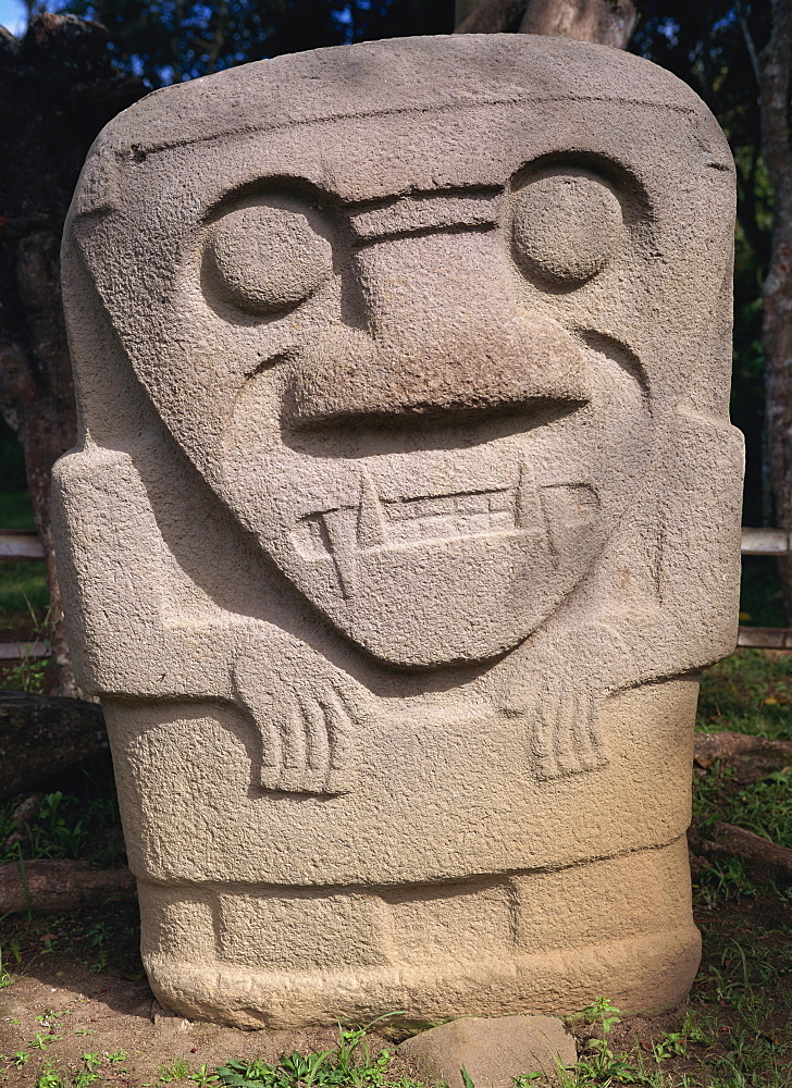 Close-up of statue with sharp teeth in the Archaeological Park at San Augustin in southwest Colombia, South America