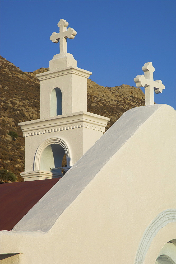 Crosses on top of small white chapel on the road to Kato Zakros, east coast, Crete, Greek Islands, Greece, Europe