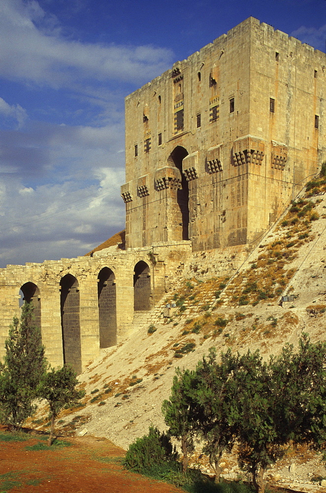 Moat, tower and main entrance gate, The Citadel, Aleppo, UNESCO World Heritage Site, Syria, Middle East