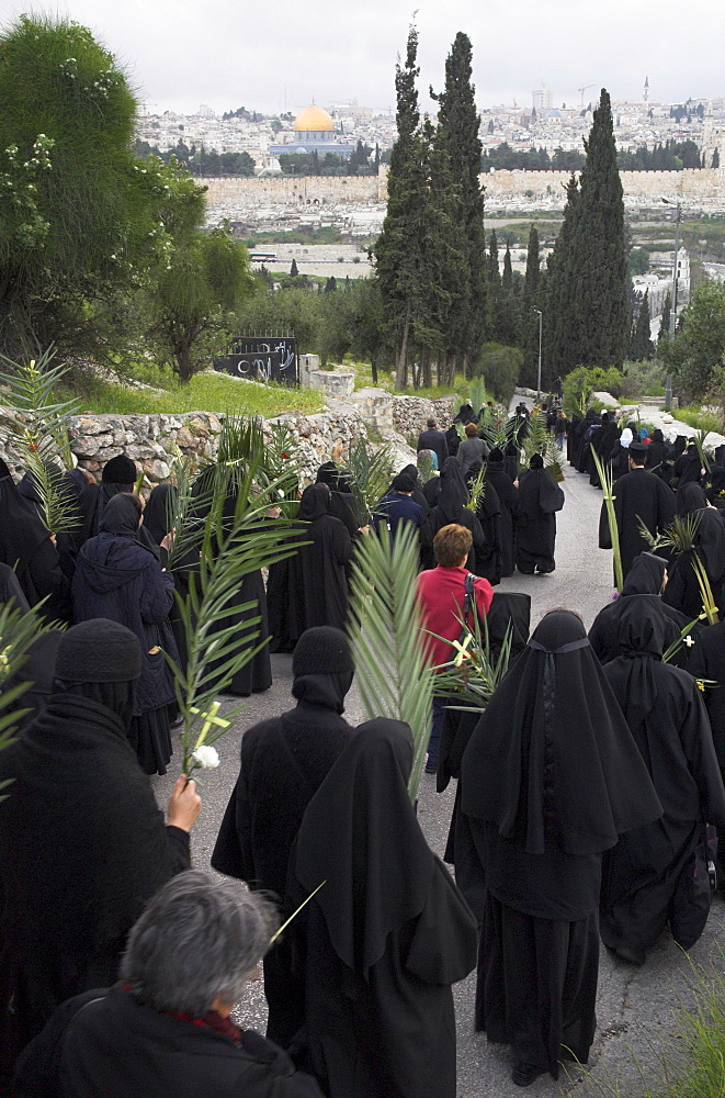 Orthodox Easter Palm procession from Betphage to the Old City walking down the Mount of Olives towards Old City, Jerusalem, Israel, Middle East