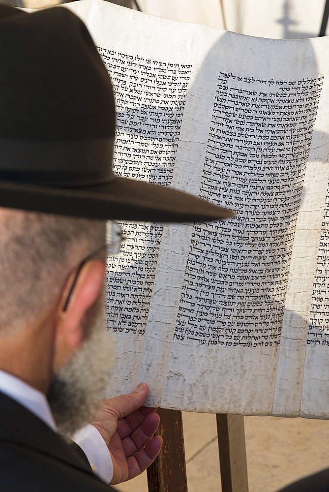 Jew reading from a Torah scroll, Western Wall, Jerusalem Old city, Israel, Middle East