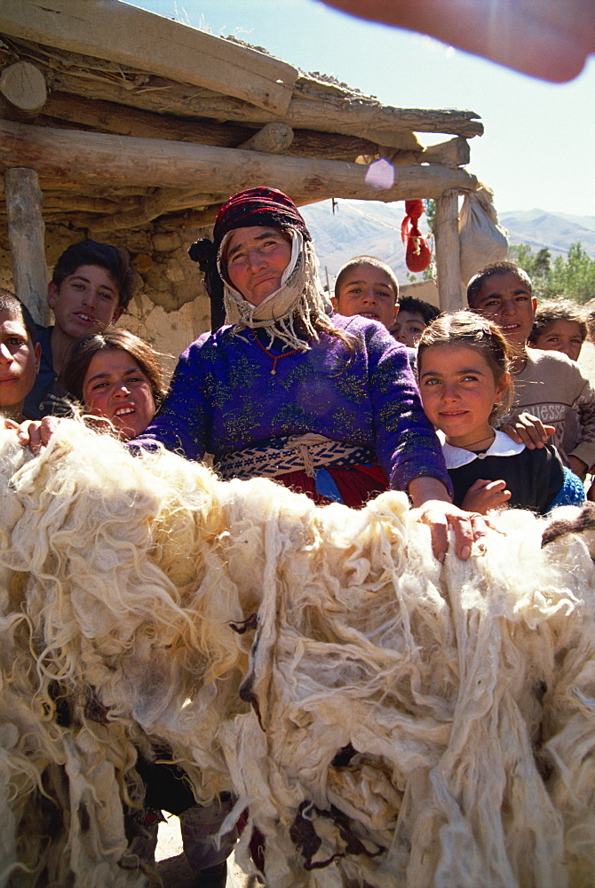 Woman proud of her dried wool, Kurdistan, Anatolia, Turkey, Asia Minor, Eurasia