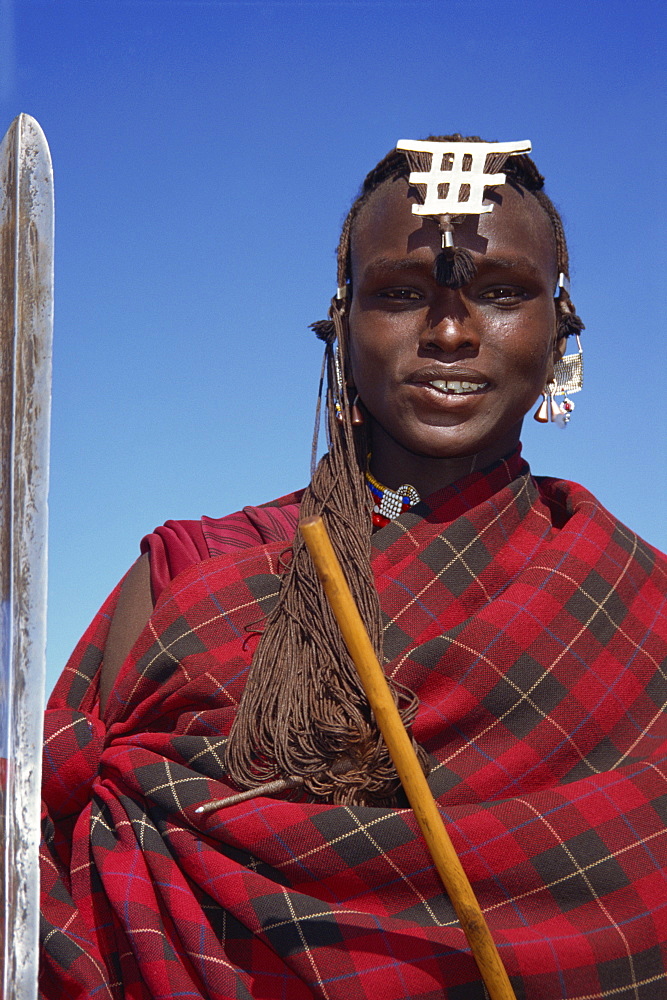 Masai warrior in red, Masai Mara National Park, Kenya, East Africa, Africa