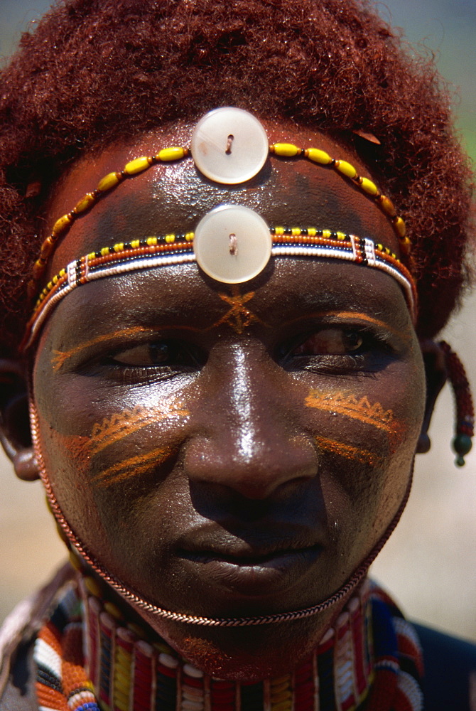 Samburu Moran wearing traditional beads, Sererit, Kenya, East Africa, Africa