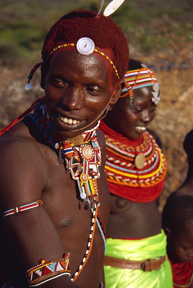 Samburu boy and girl wearing traditional beads, Sererit, Kenya, East Africa, Africa