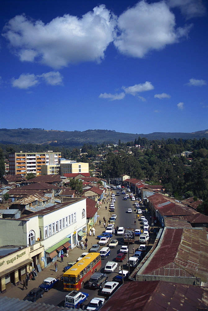 Aerial view over street scene in Addis Ababa, Ethiopia, Africa