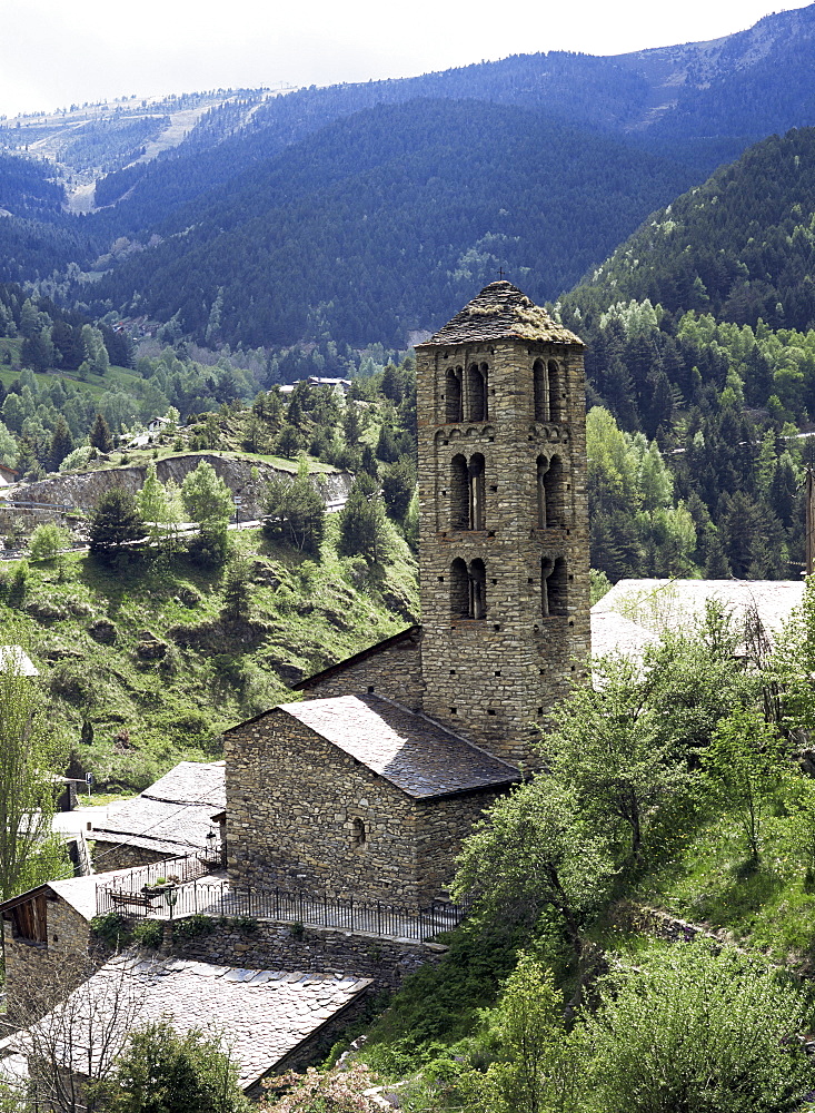 Church of St. Climent de Pal, Lombard Romanesque belfry from 12th century has double arched windows, Pal, Parish of La Massana, Andorra, Europe