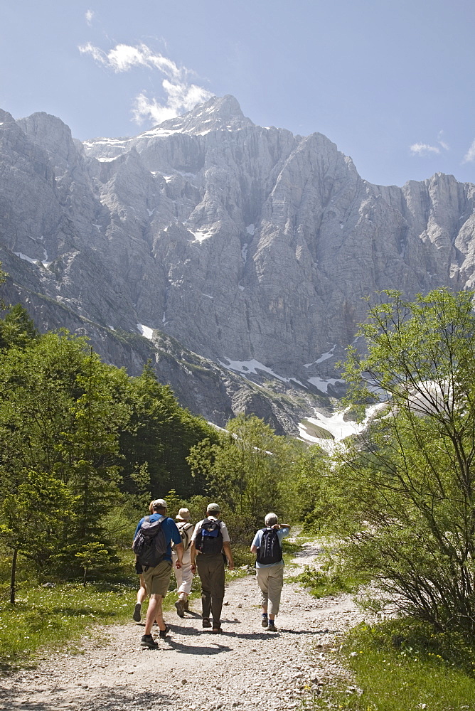 Tourist group in summer in Vrata valley walking towards Triglav mountain, the highest in Slovenia, Triglav National Park, Julian Alps, Mojstrana, Dolina, Slovenia, Europe