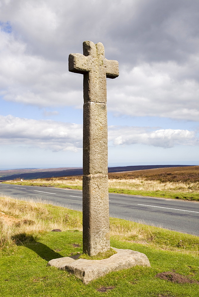 Young Ralph Cross near Rosedale Head, a medieval marker stone above Esk Dale, now symbol of North York Moors National Park, Westerdale Moor, North Yorkshire, England, United Kingdom, Europe