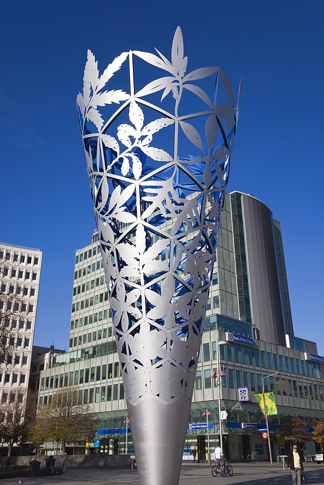 The Chalice modern steel sculpture by Neil Dawson in Cathedral Square, Christchurch, Canterbury, South Island, New Zealand, Pacific