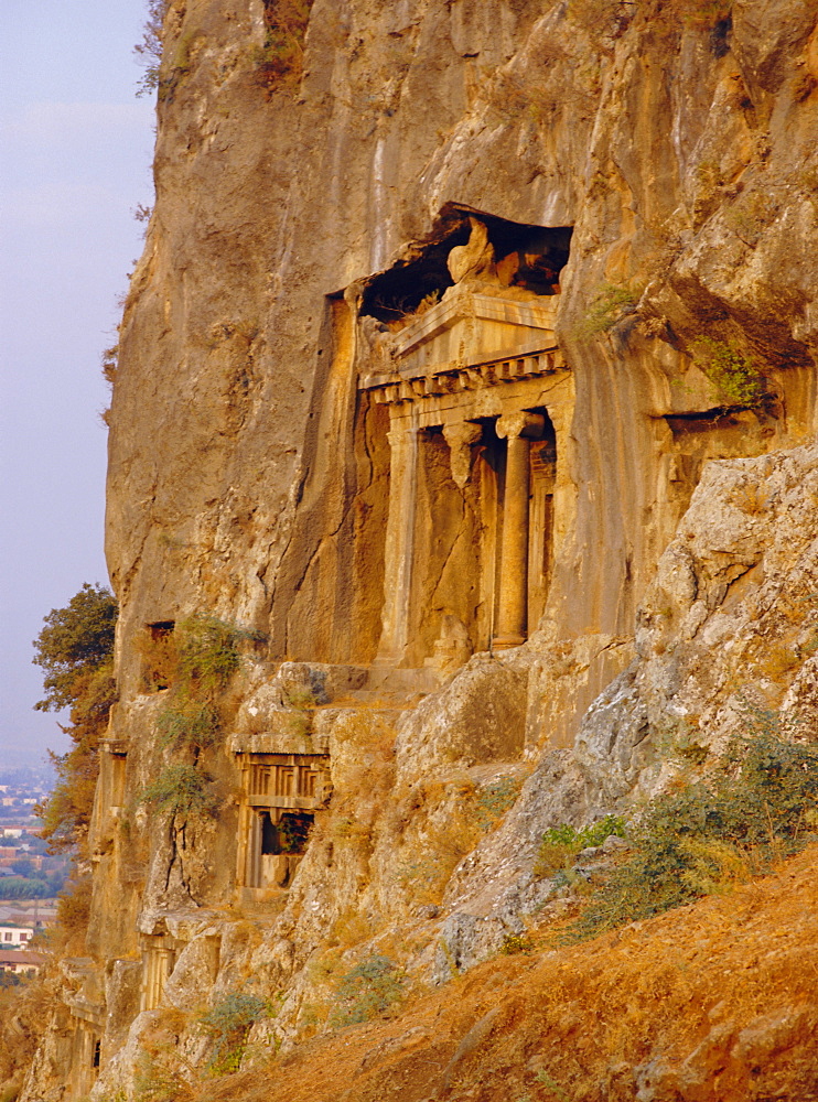 Lycian rock tombs (circa 400 BC), near Fethiye, Turkey, Eurasia