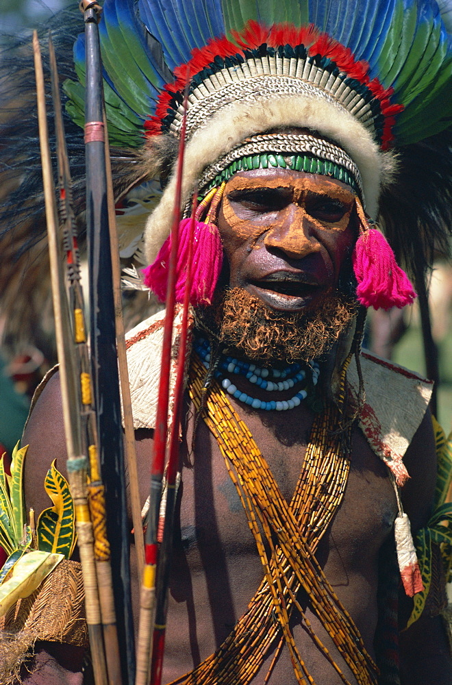 Portrait of a warrior from Asaro clan at sing-sing in West Highlands, Papua New Guinea, Pacific