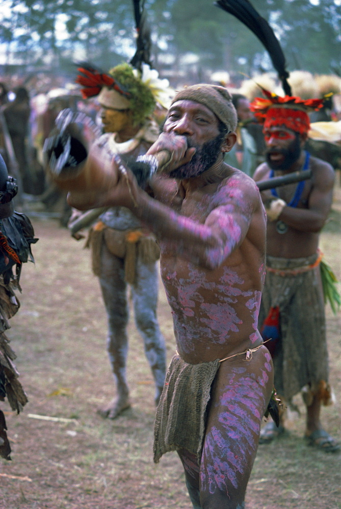 Horn player from Whagi, Eastern Highlands, Papua New Guinea, Pacific