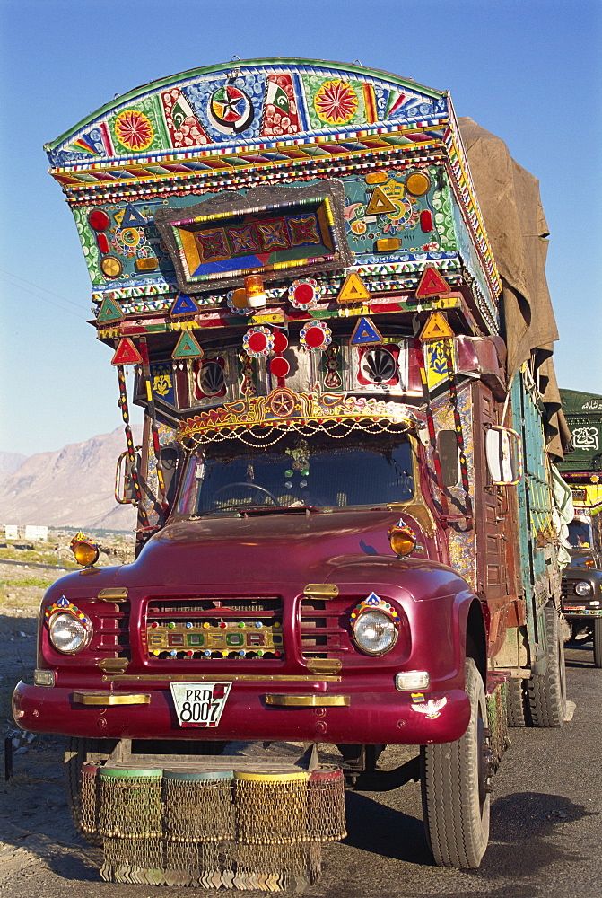 A decorated truck, typical of those on the Karakoram Highway in Pakistan, Asia