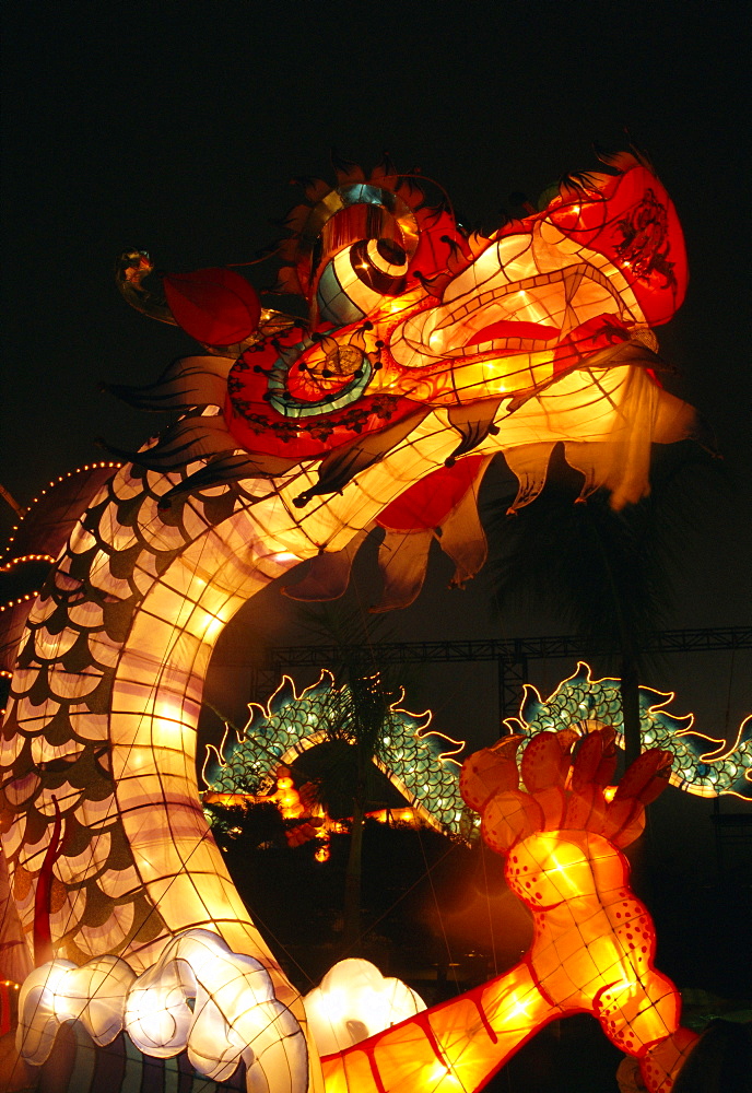 Dragon lights at the Star Ferry terminal on Chinese takeover, Hong Kong, China, Asia