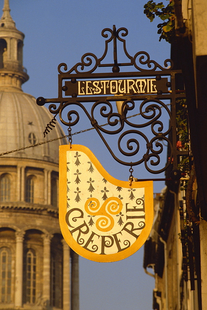 Close-up of restaurant sign in the old town of Boulogne, Pas de Calais, France, Europe