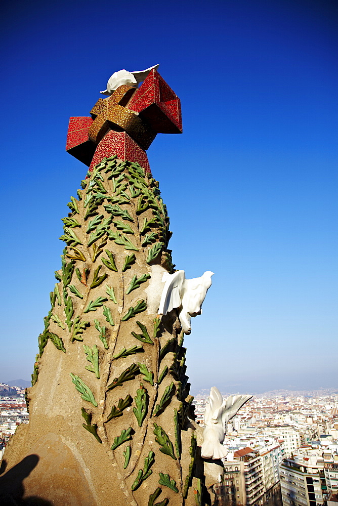 Close up of part of the tower of the Sagrada Familia, UNESCO World Heritage Site, Barcelona, Catalonia, Spain, Europe