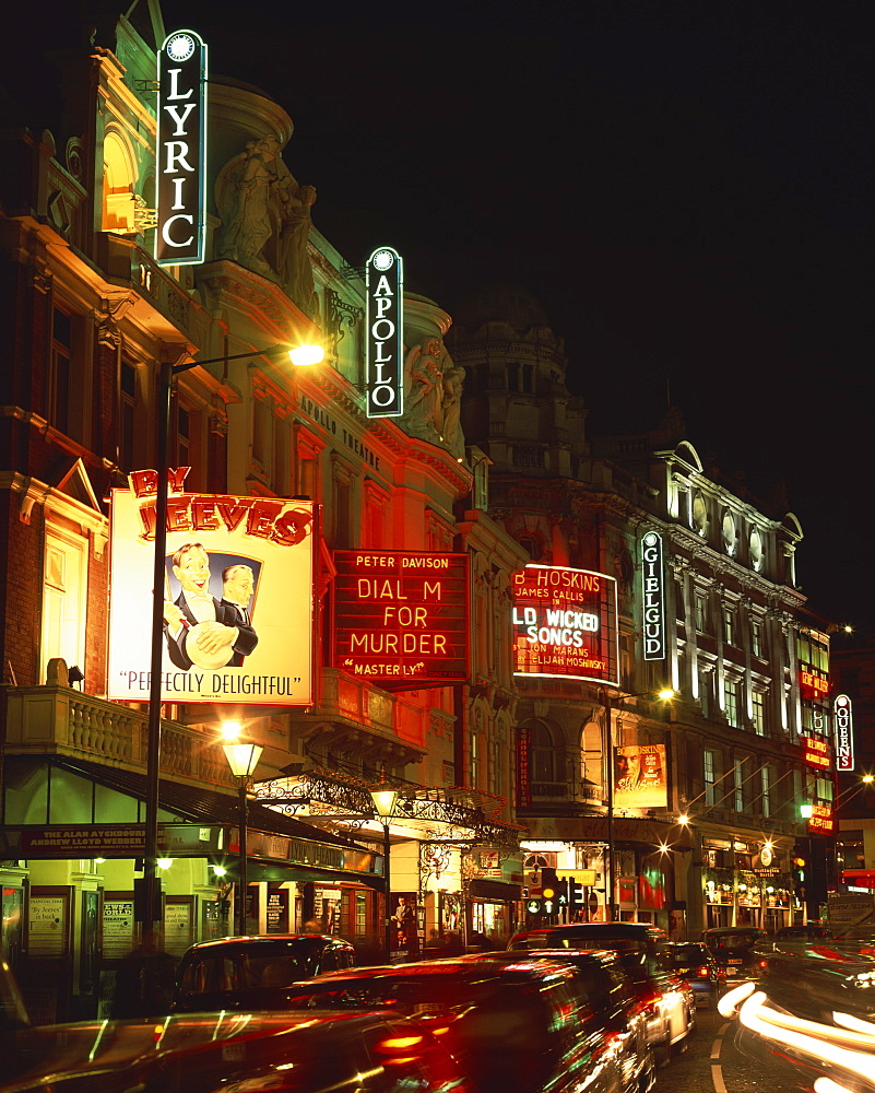 Theatreland, illuminated at night, Shaftesbury Avenue, London, England, United Kingdom, Europe