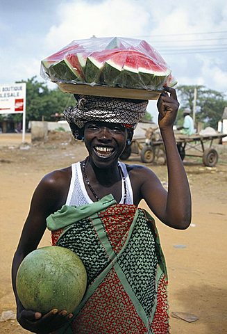 Woman selling water melons, the Gambia, West Africa, Africa