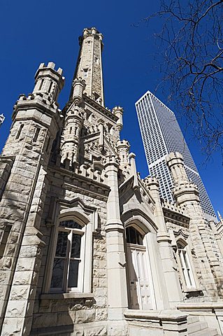 Chicago Water Tower in foreground, Hancock Building in background, Chicago, Illinois, United States of America, North America