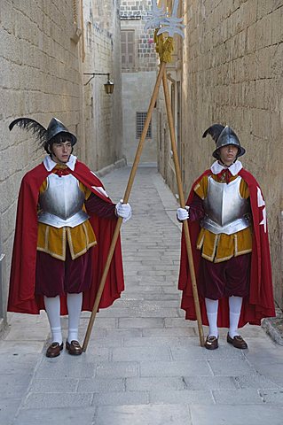 Guards in Medieval costume in Mdina the fortress city, Malta, Europe