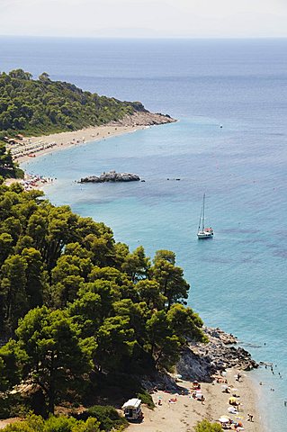 Kastani Beach foreground, and Milia Beach beyond, Skopelos, Sporades Islands, Greek Islands, Greece, Europe