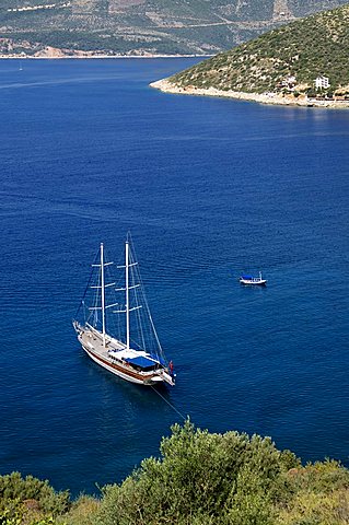 Gullet anchored at Kalkan, a popular tourist resort, Antalya Province, Anatolia, Turkey, Asia Minor, Eurasia