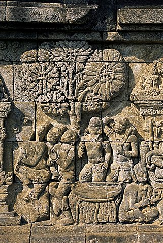 Detail of carved frieze, Borobudur, UNESCO World Heritage Site, Java, Indonesia, Southeast Asia, Asia