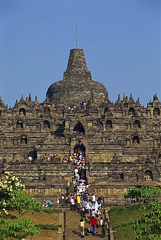 Tourist crowds at the Buddhist monument, Borobudur, UNESCO World Heritage Site, Java, Indonesia, Southeast Asia, Asia