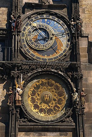 Close-up of the Astronomical Clock in the Old Town Square in Prague, UNESCO World Heritage Site, Czech Republic, Europe