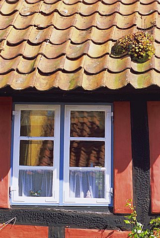 Detail of window in a colourful house, Aeroskobing, island of Aero, Denmark, Scandinavia, Europe