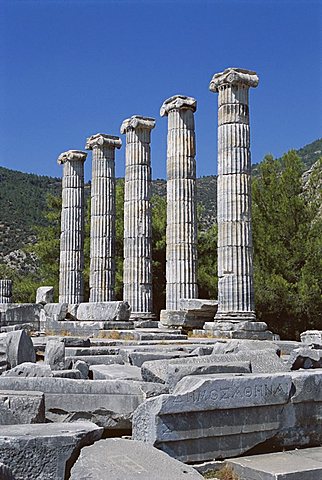 Columns in ruins of Temple of Athena, archaeological site, Priene, Anatolia, Turkey, Asia Minor