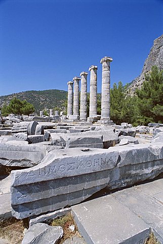 Columns in ruins of Temple of Athena, archaeological site, Priene, Anatolia, Turkey, Asia Minor