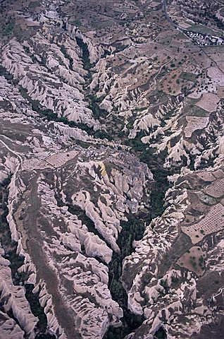 Looking down from hot air balloon, near Goreme, Cappadocia, Anatolia, Turkey, Asia Minor, Asia