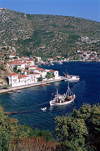 Fishing boat and harbour, Agia Kyriaki, Pelion, Greece, Europe