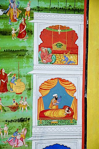 Beautiful frescoes on walls of the Juna Mahal Fort, Dungarpur, Rajasthan state, India, Asia