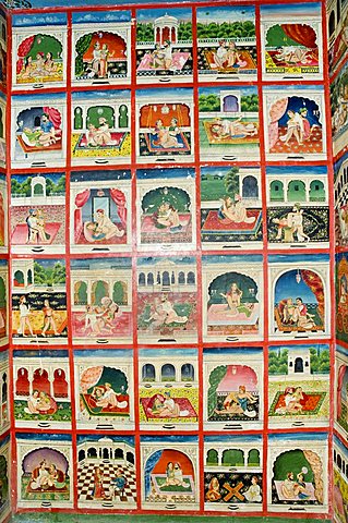 Scenes from the Kama Sutra in a cupboard in the Juna Mahal fort, Dungarpur, Rajasthan state, India, Asia