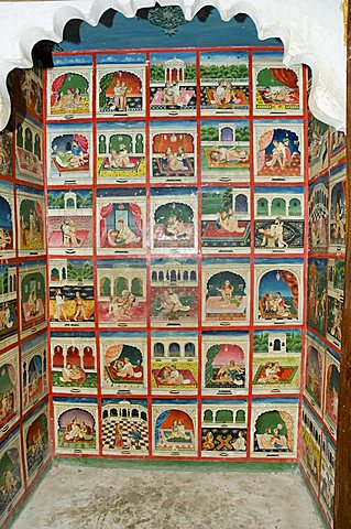 Scenes from the Kama Sutra in a cupboard in the Juna Mahal fort, Dungarpur, Rajasthan state, India, Asia