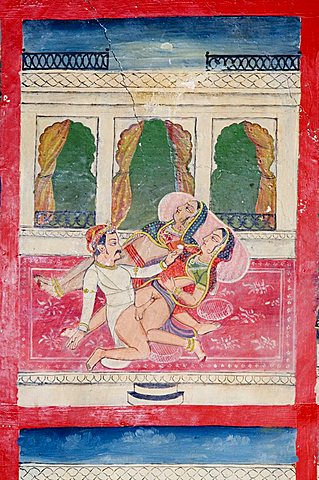 Scenes from the Kama Sutra from cupboard in the Juna Mahal fort, Dungarpur, Rajasthan state, India, Asia