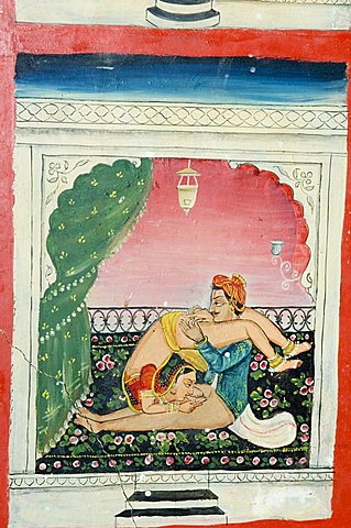 Scenes from the Kama Sutra from cupboard in the Juna Mahal fort, Dungarpur, Rajasthan state, India, Asia