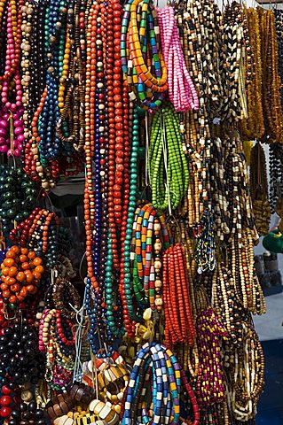 Necklaces on a market stall in the Cloth Hall on Main Market Square (Rynek Glowny), Krakow (Cracow), Poland, Europe