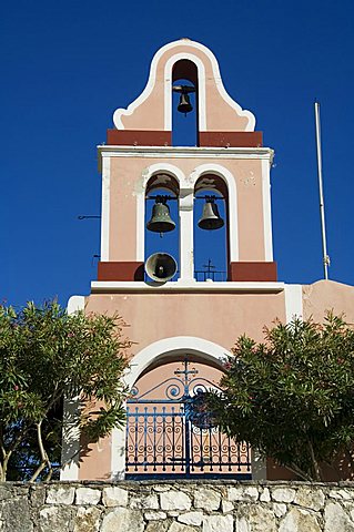 Church bell tower, Fiskardo, Kefalonia (Cephalonia), Ionian Islands, Greece, Europe